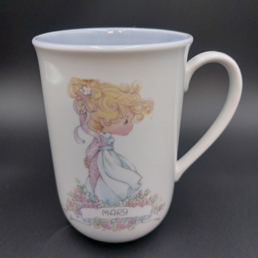 Precious Moments Vintage 1989 "Mary" Ceramic Coffee Mug - White/Blue-Collectible